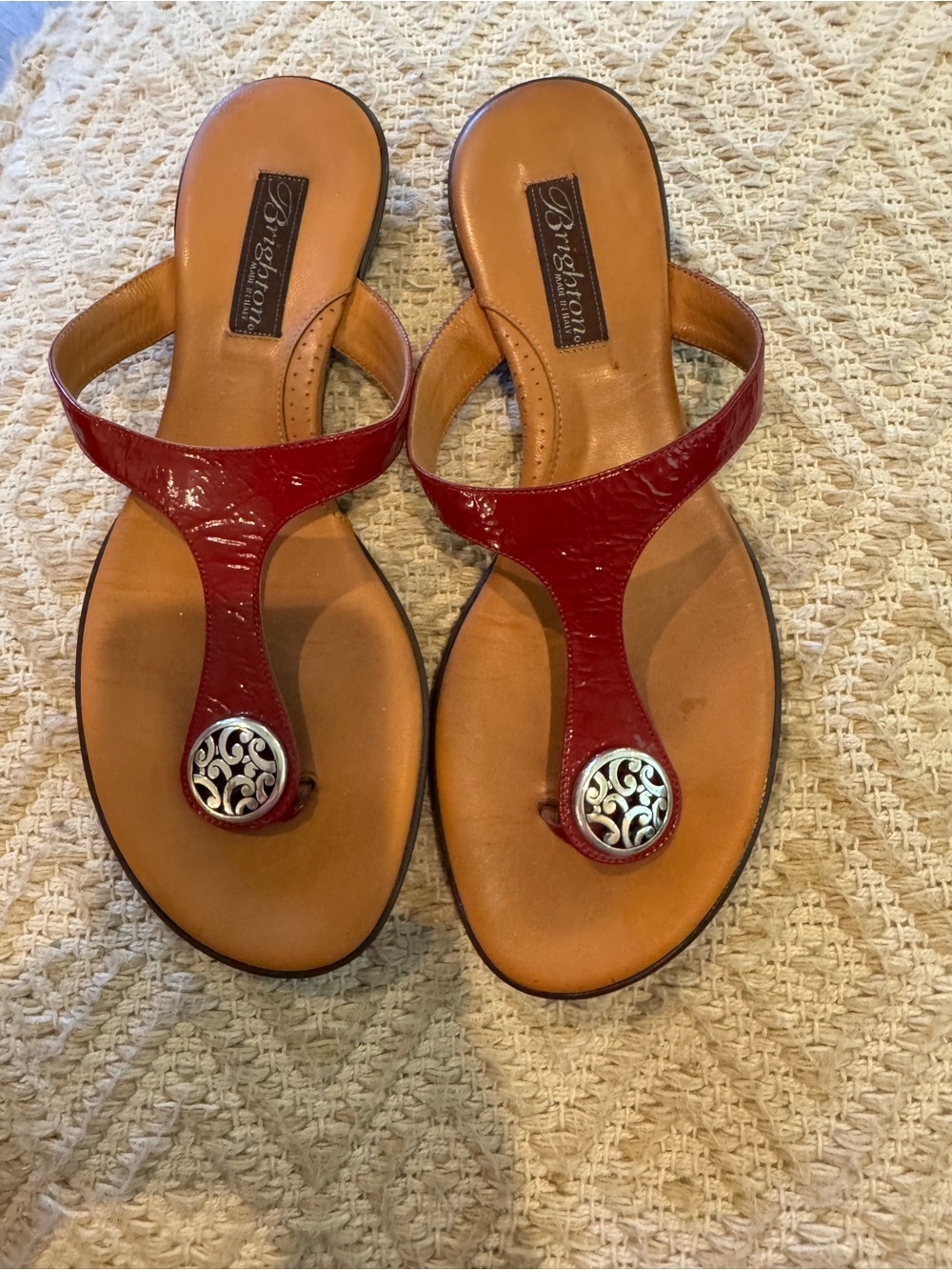 Brighton Alice Red Leather Thong Sandals Silver Medallion Size 10